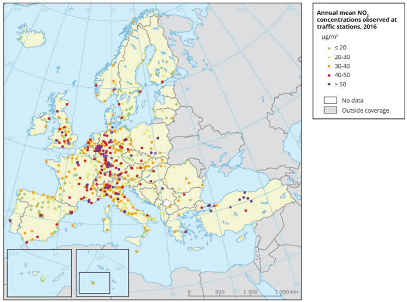 Nitrogen Dioxide (NO2) emissions observed at traffic stations in European countries in 2016.