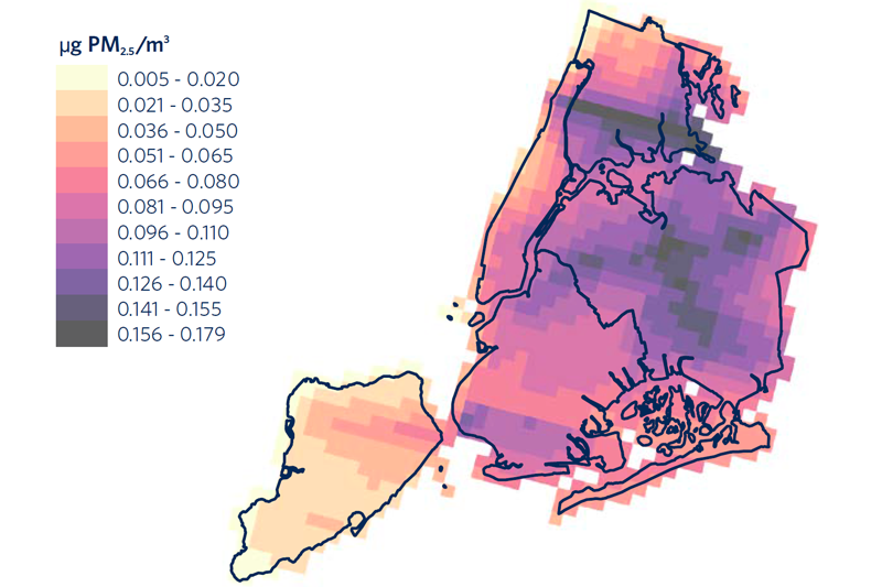 Ambient PM2.5 concentrations attributable to diesel truck tailpipe emissions within New York City.