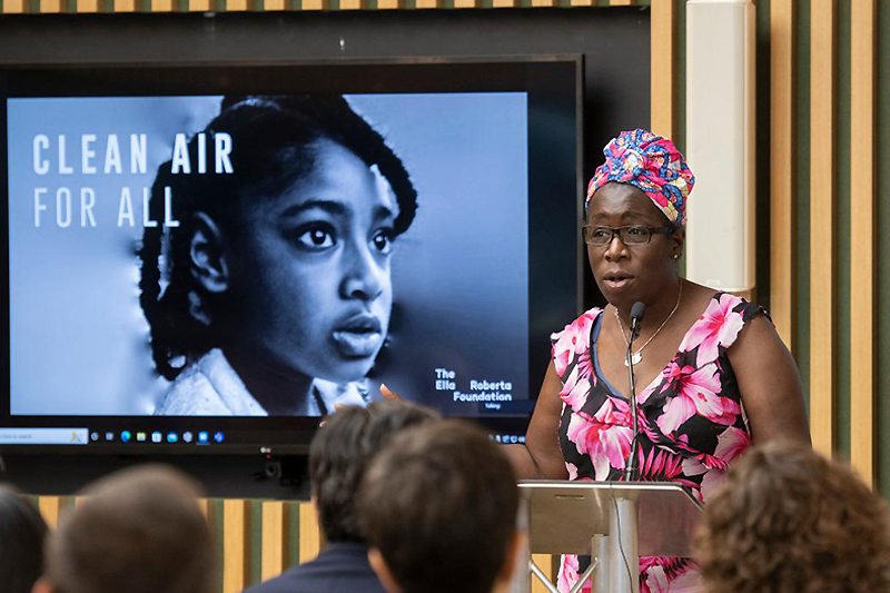 Rosamund Kissi-Debrah speaking on the impact of urban air pollution on child health in memory of her daughter Ella.